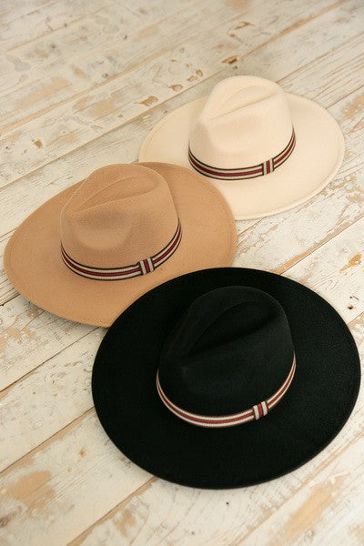 Designer-Inspired Trim Fedora Hat by JOSSLYN in Black, Ivory, and Tan Canvas — flat lay on white background