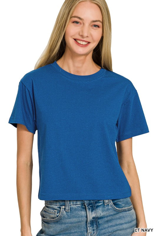Relaxed Cotton Crew-Neck Cropped T-Shirt in White - front view