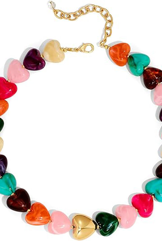 Colorful heart-shaped bead necklace on a white background