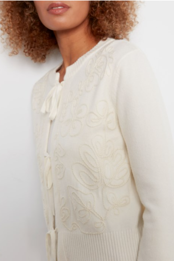 A close-up of a model wearing a cream-colored knit cardigan sweater with matching tie-front buttons and tonal floral embroidery.
