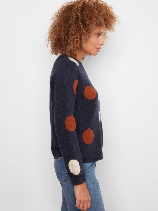 A woman with curly light brown hair is shown in profile wearing a navy blue knit cardigan with large rust-orange and cream fuzzy polka dots, paired with blue jeans, against a plain light gray background.