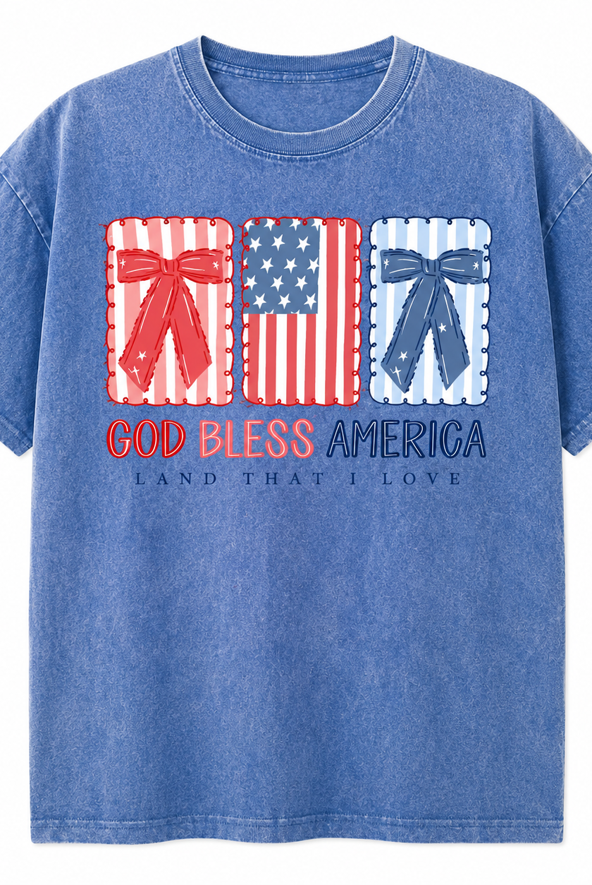 Blue t-shirt with 'God Bless America' graphic on a white background