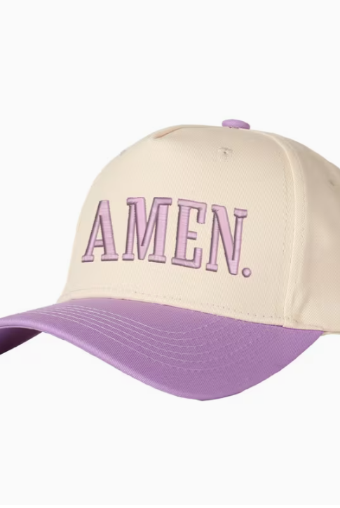 Beige and purple cap with 'AMEN.' text on a white background