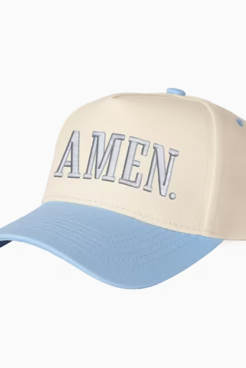 Beige and blue cap with 'AMEN.' text on a white background