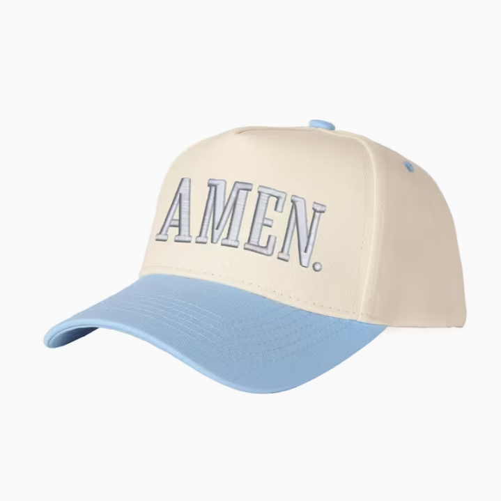 Beige and blue cap with 'AMEN.' text on a white background