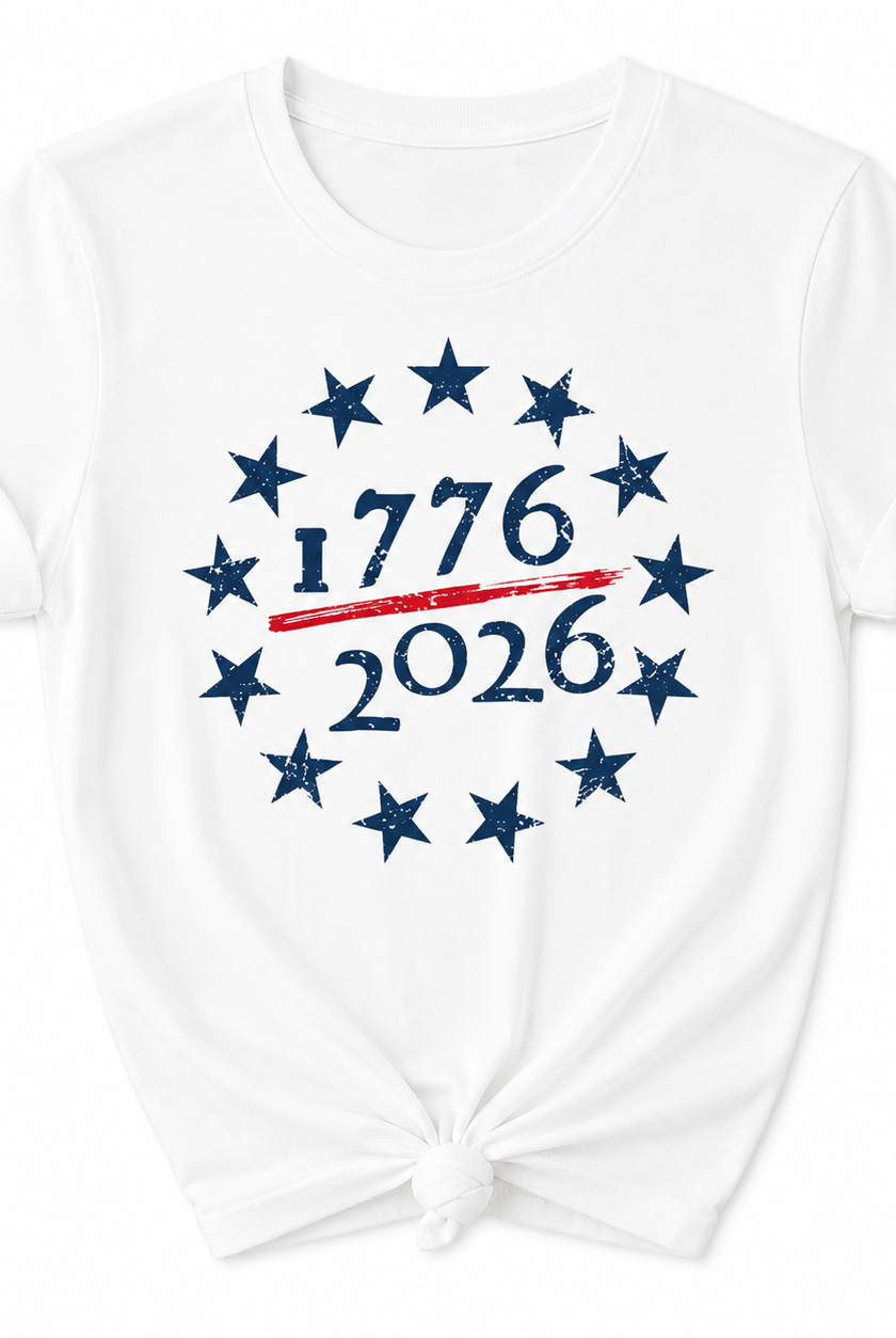 White t-shirt with '1776 2026' design featuring stars on a white background