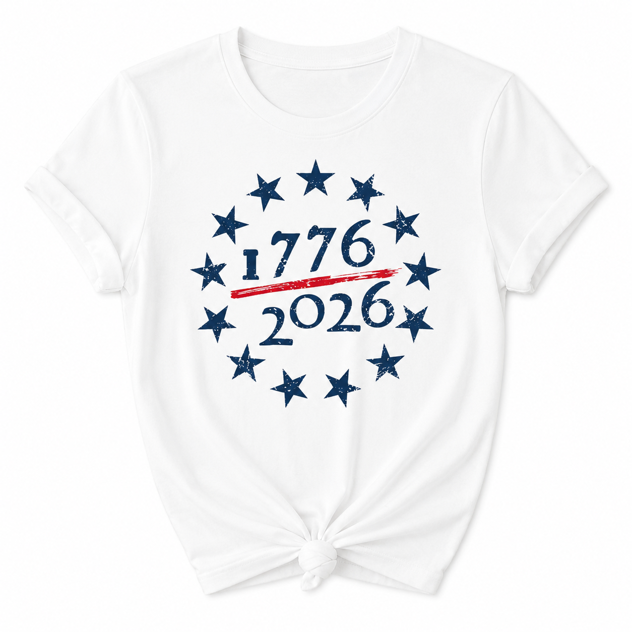 White t-shirt with '1776 2026' design featuring stars on a white background