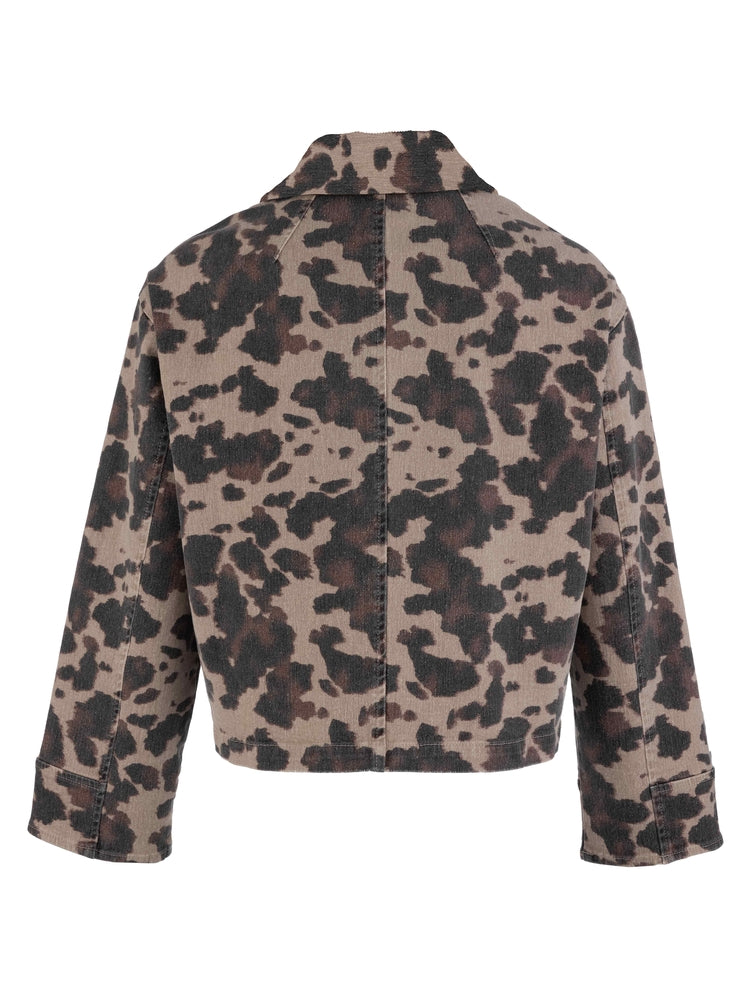 Taupe animal print cropped denim jacket, back view showing cropped silhouette