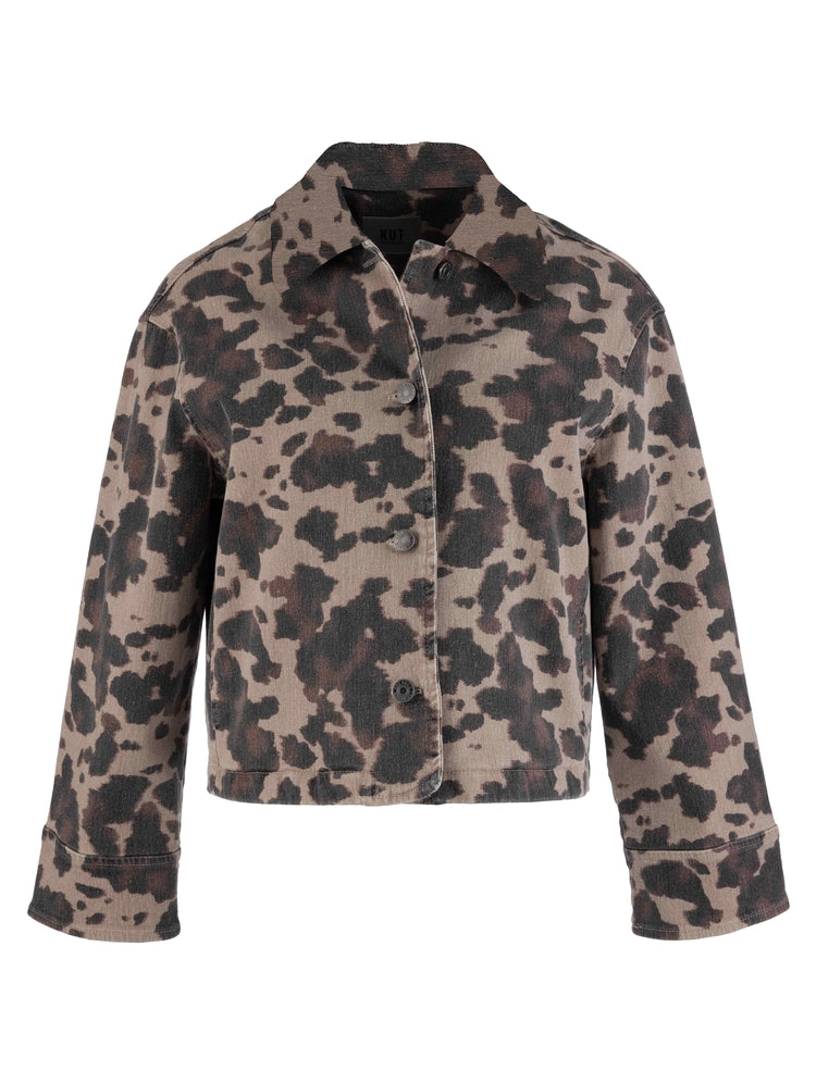 Taupe animal print cropped denim jacket, front view showing button closure and collar