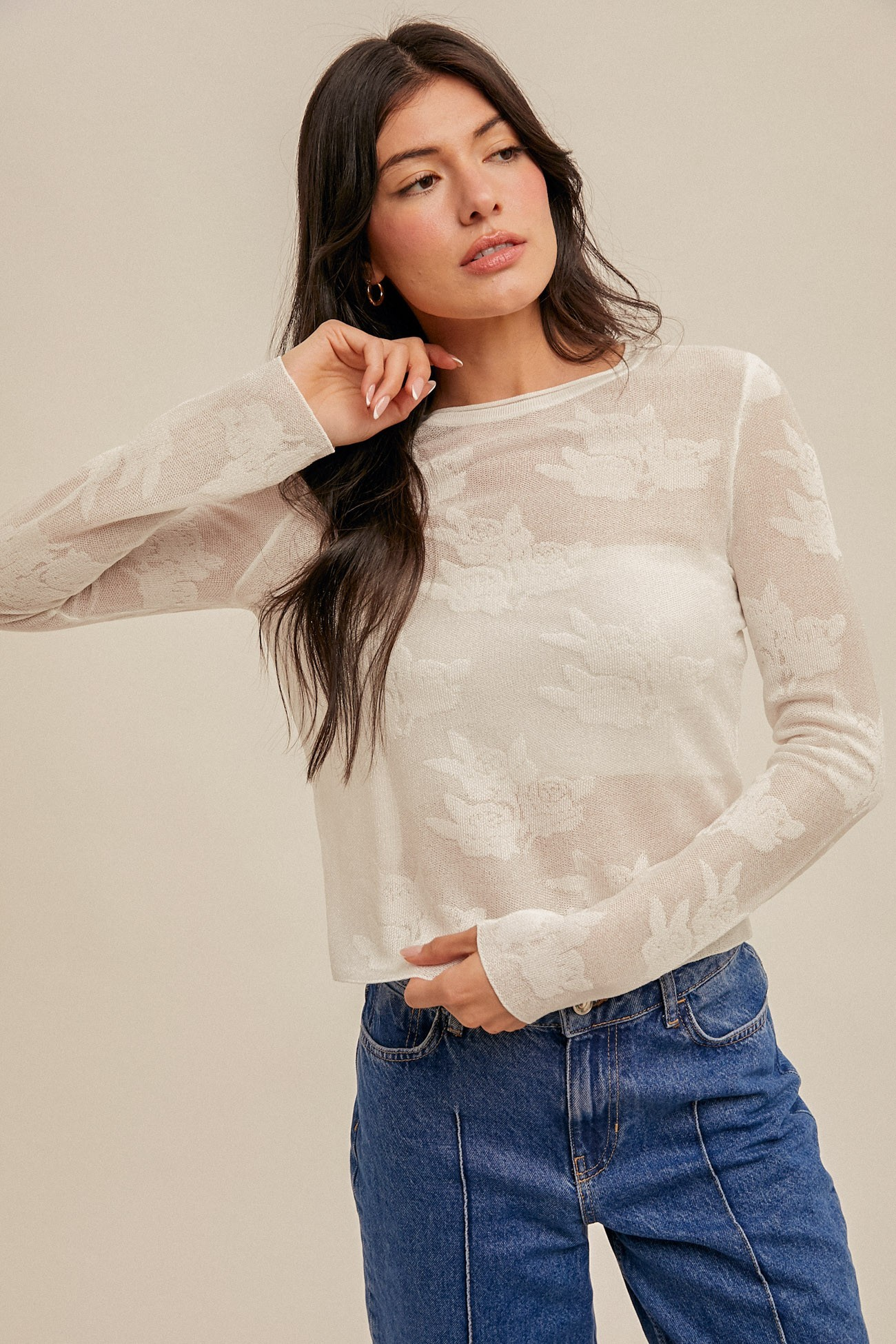 Floral Pattern Sheer Sweater Knit Top – Mainstream Boutique The Woodlands