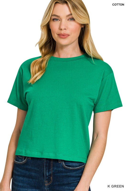 Relaxed Cotton Crew-Neck Cropped T-Shirt in Ruby - front view model 1