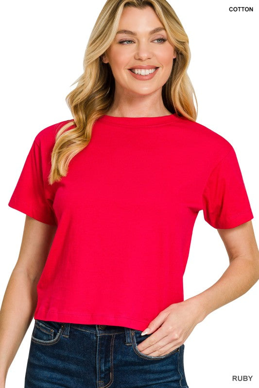Relaxed Cotton Crew-Neck Cropped T-Shirt in Ruby - front view model 2