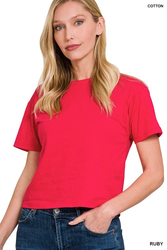Relaxed Cotton Crew-Neck Cropped T-Shirt in Kelly Green - front view
