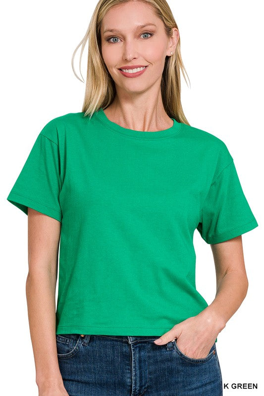 Relaxed Cotton Crew-Neck Cropped T-Shirt in Ruby - ribbed texture detail