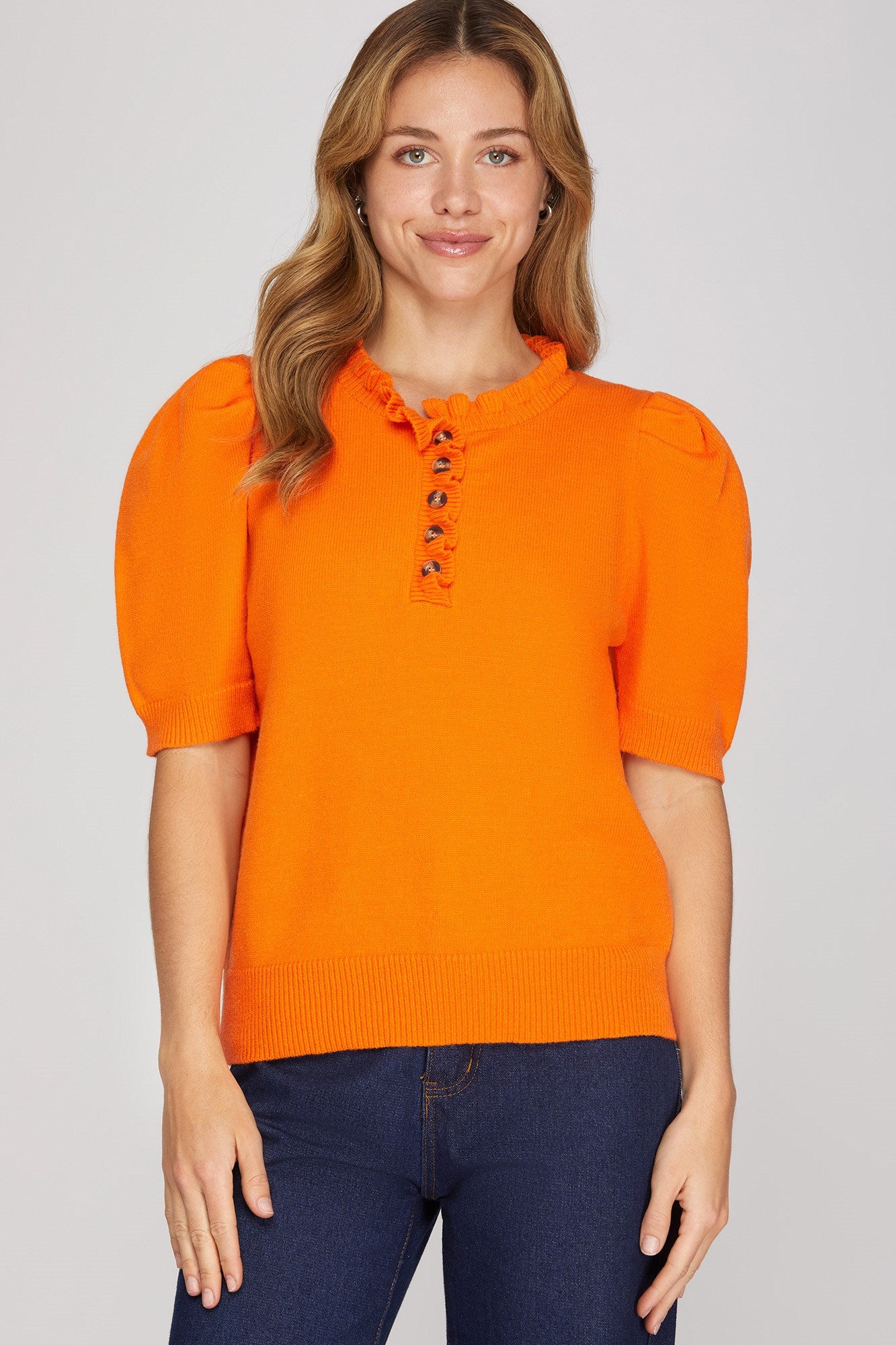 Orange Game Day Ruffled-Neck Top by She and Sky - front view