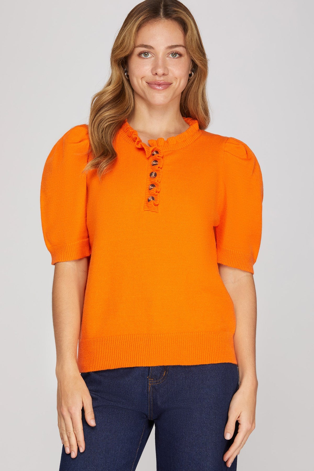 Orange Game Day Ruffled-Neck Top by She and Sky - front view