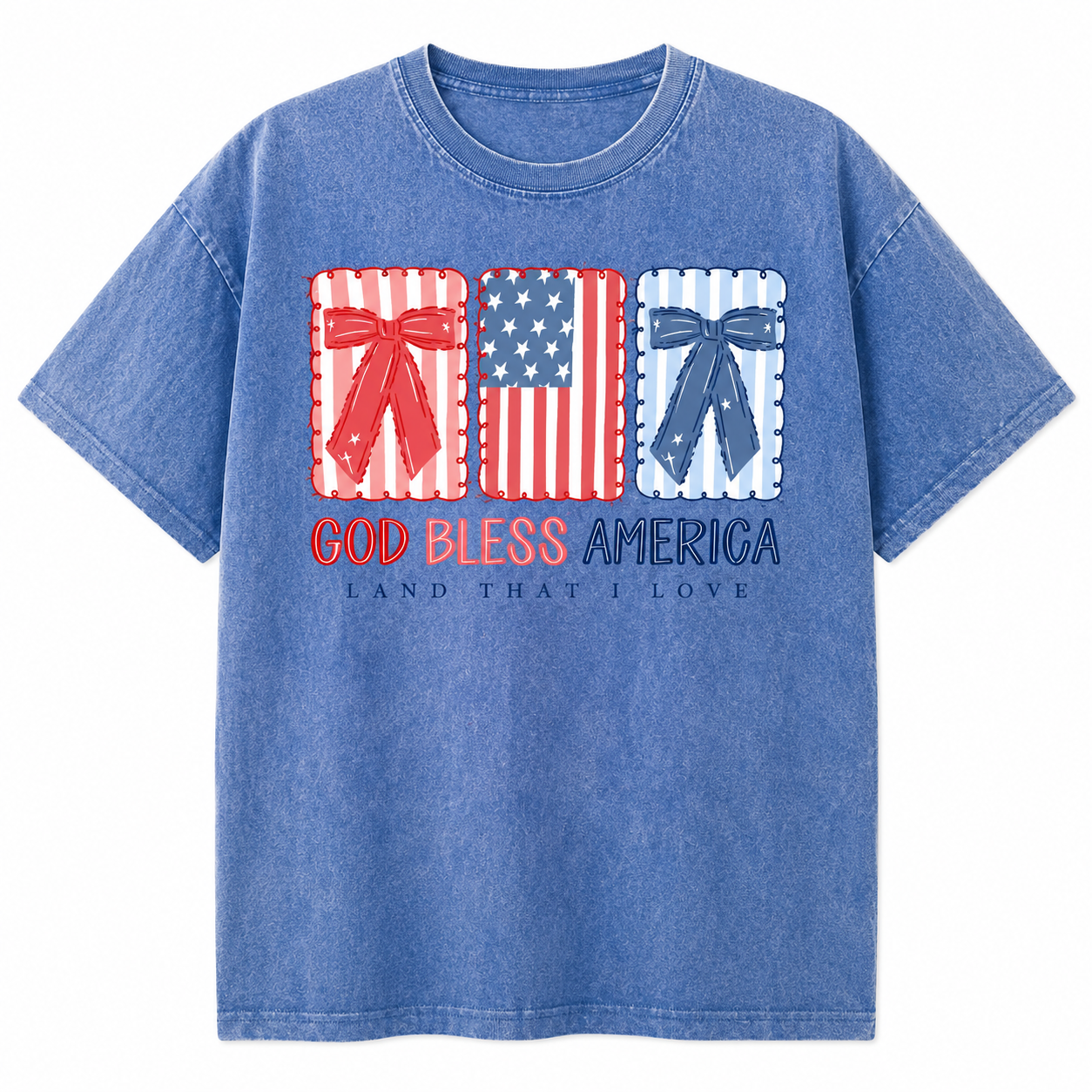 Blue t-shirt with 'God Bless America' graphic on a white background