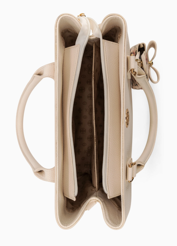 Beige handbag with open front compartment on a white background