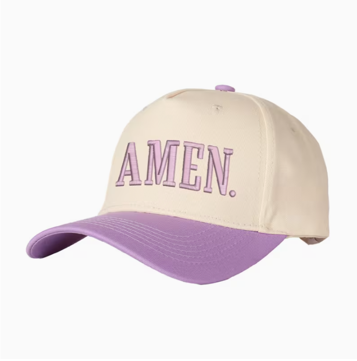 Beige and purple cap with 'AMEN.' text on a white background