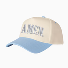 Beige and blue cap with 'AMEN.' text on a white background