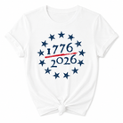 White t-shirt with '1776 2026' design featuring stars on a white background