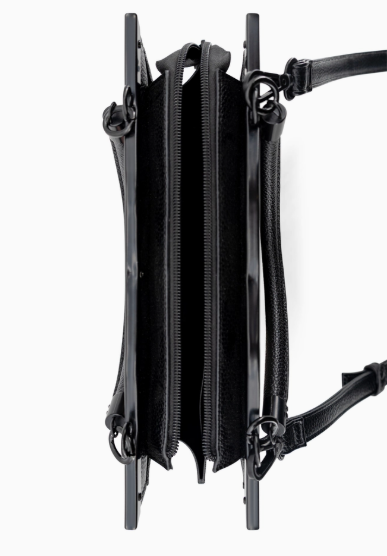 Black leather crossbody bag with multiple zippers on a white background