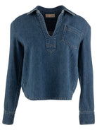 Iris pullover denim shirt with split neckline, pointed collar and chest pocket, front view