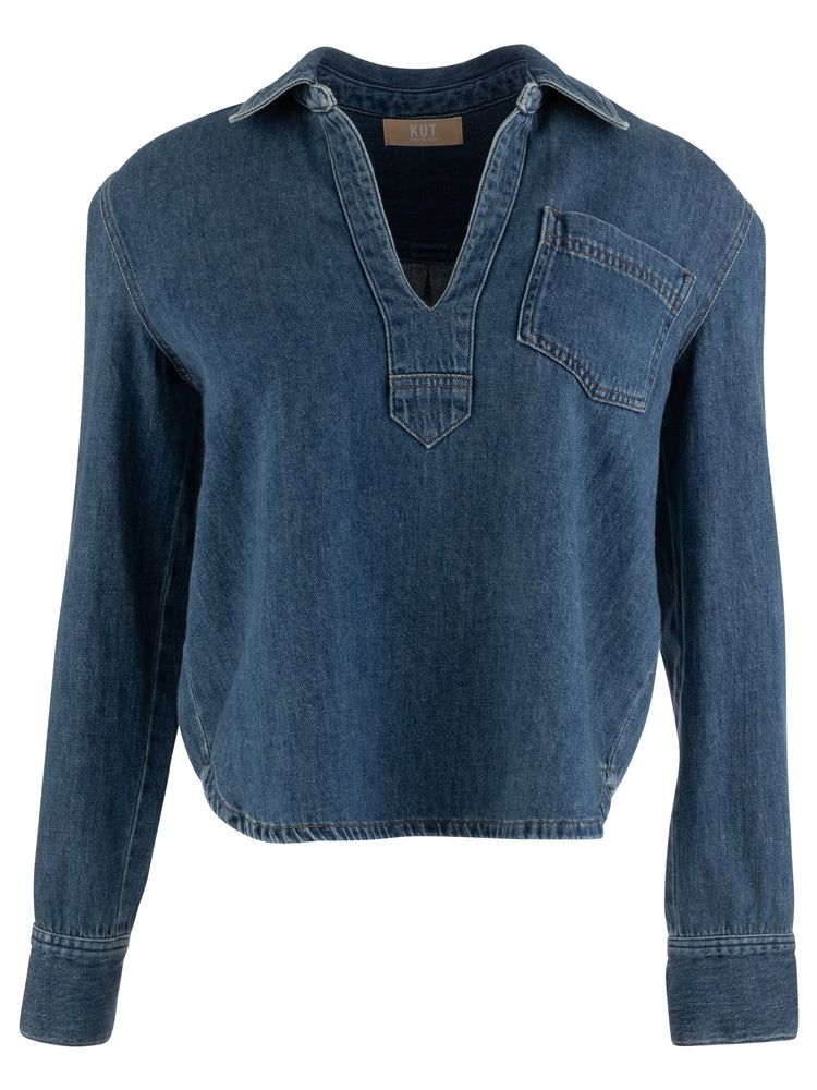 Iris pullover denim shirt with split neckline, pointed collar and chest pocket, front view