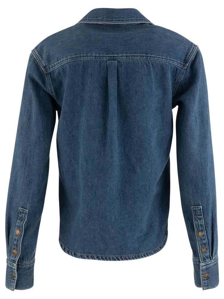 Iris pullover denim shirt with back pleat detail and buttoned cuffs, back view