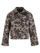 Taupe animal print cropped denim jacket, front view showing button closure and collar